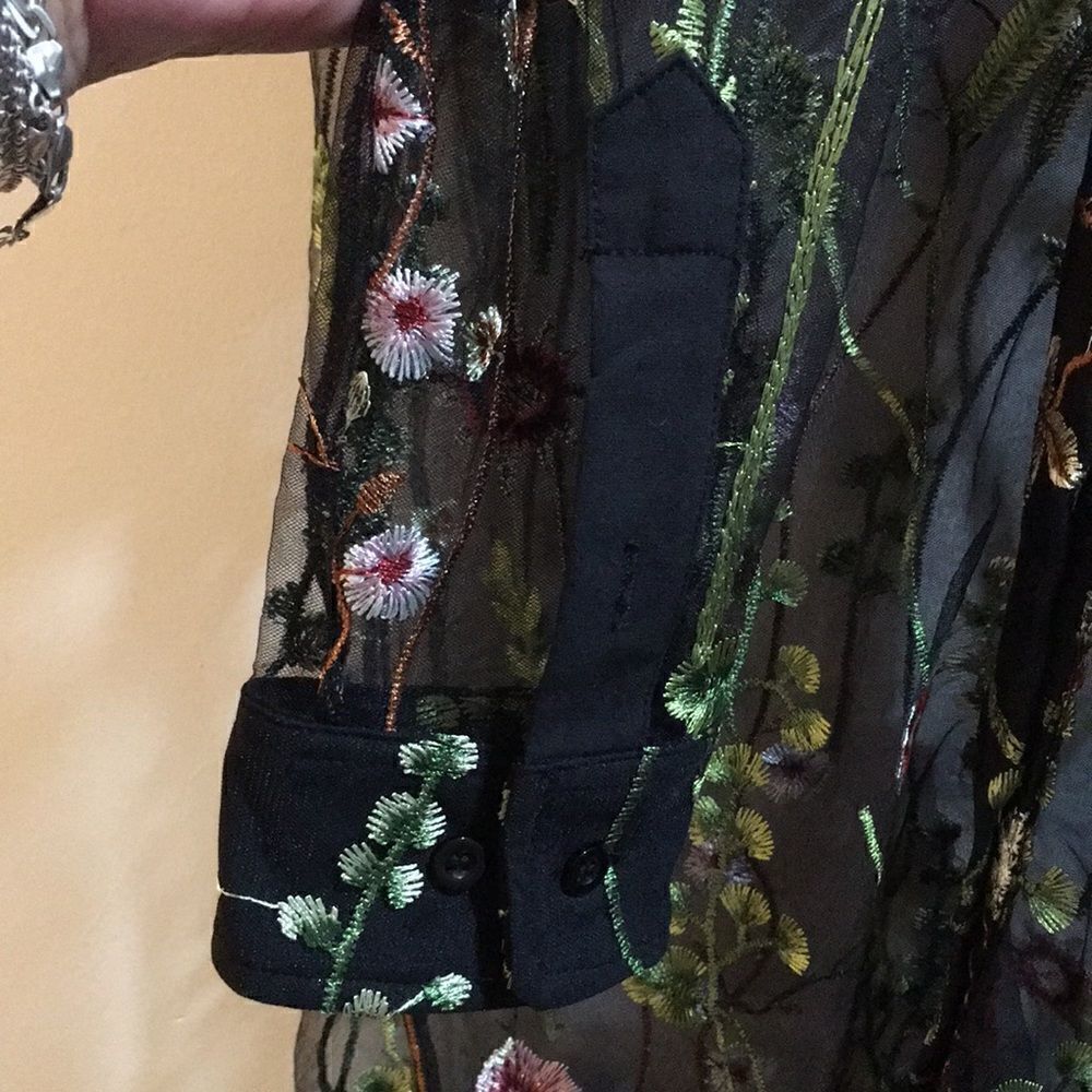 Sheer Embroidered Collared button Down Top - Picture 4 of 9